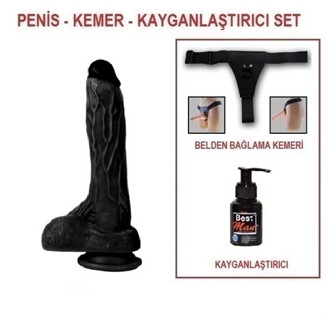 205-cm-belden-baglamali-realistik-dildo-b669 20,5 cm Belden Bağlamalı Realistik Dildo Zenci Penis Set - Görsel 1