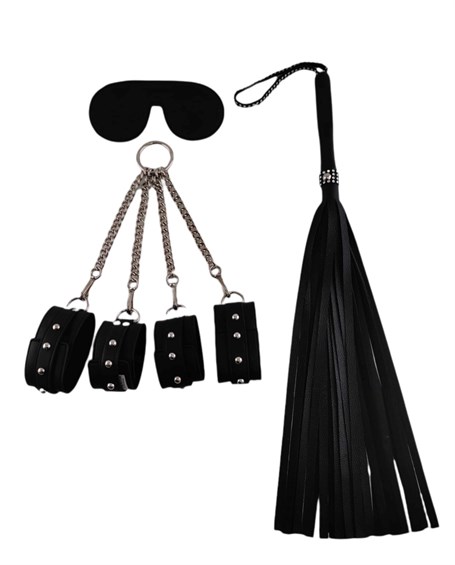 siyah-fetish-fantezi-seti-4lu-kelepce-8d7d5- Siyah Fetish Fantezi Seti - 4'lü Kelepçe Kırbaç Göz Bandı - Görsel 1